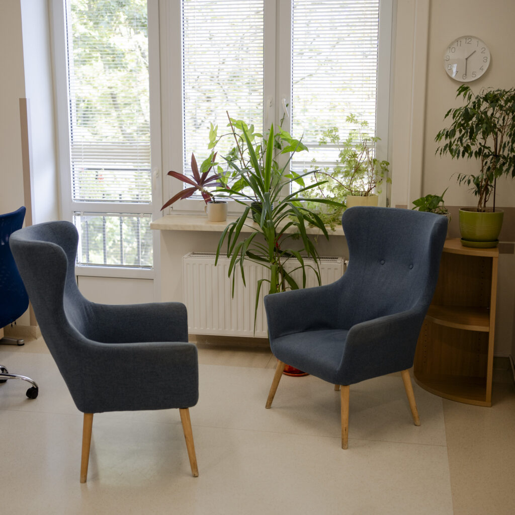 Gabinet psychologiczny z dwoma fotelami i roślinami przy oknie