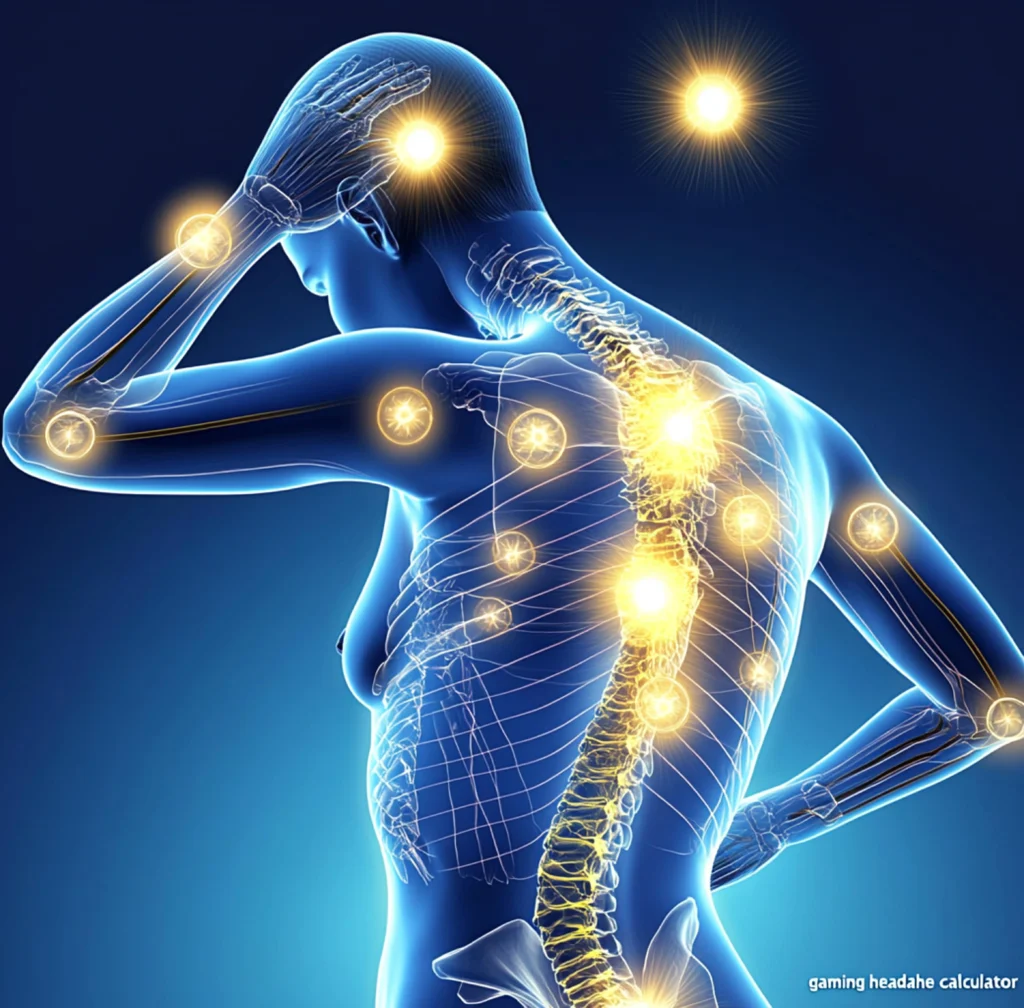 Ciało ludzkie z wyraźnym bólem w górnej części pleców, ukazujące dyskomfort.