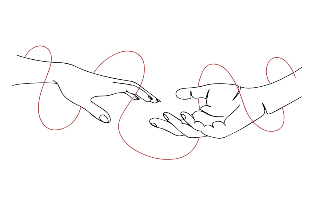 Lineart dwóch zbliżających się dłoni połączonych czerwoną linią