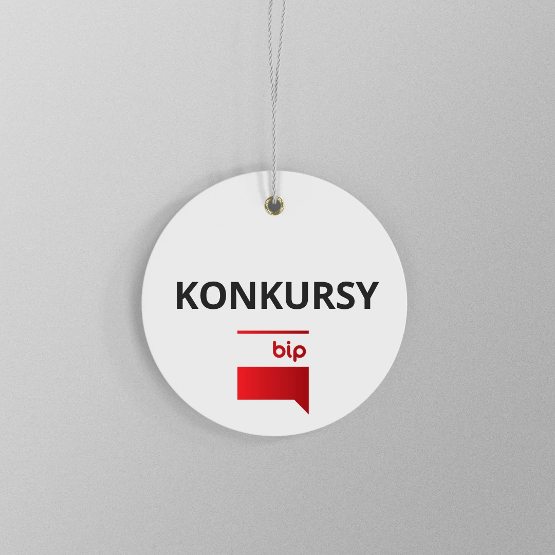 Okrągła zawieszka z napisem KONKURSY i logo BIP