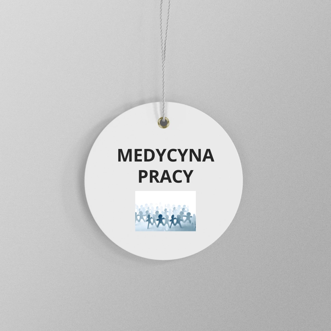 Okrągła zawieszka z napisem MEDYCYNA PRACY i obrazkiem sylwetek ludzi w tle