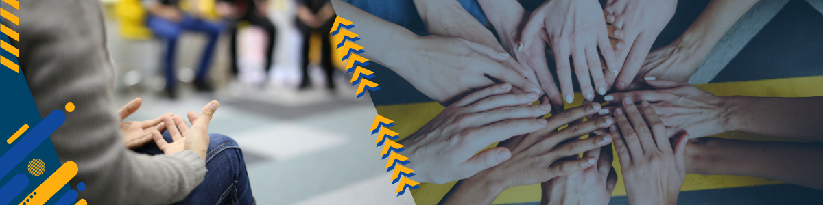 Grupa osób na spotkaniu oraz złączone dłonie w geście jedności