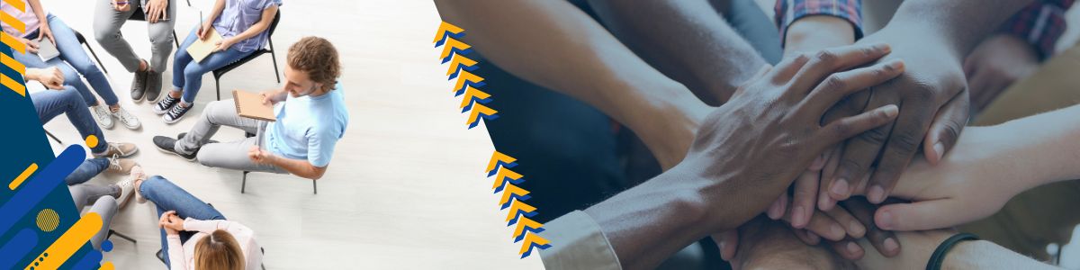 Grupa osób na spotkaniu oraz złączone dłonie w geście jedności