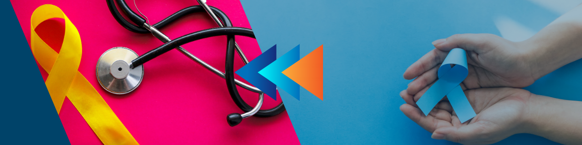 Stetoskop z żółtą wstążką i dłonie trzymające niebieską wstążkę symbolizujące profilaktykę zdrowotną