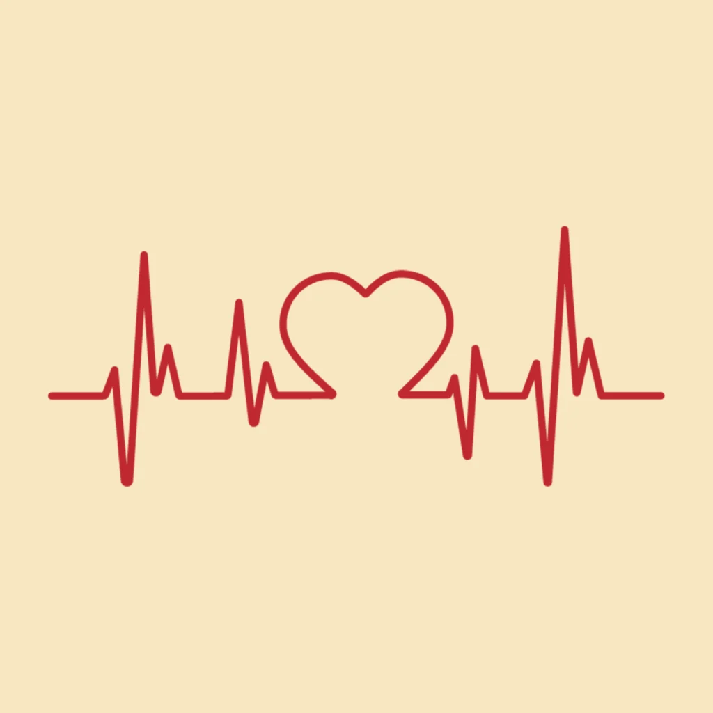 Czerwony wykres EKG w kształcie serca na beżowym tle symbolizujący zdrowie i rytm serca
