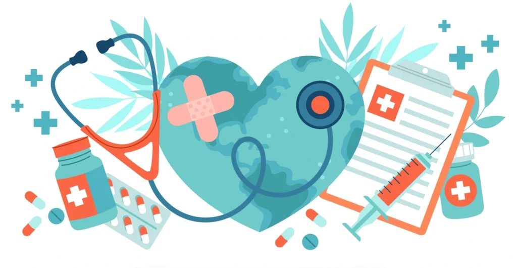 Ilustracja z symbolem serca, stetoskopem, strzykawką i lekami
