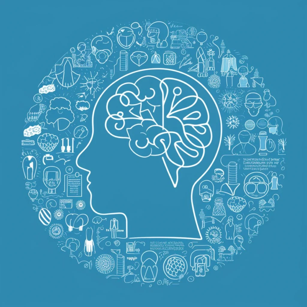 Grafika przedstawiająca sylwetkę ludzkiej głowy z mózgiem wypełnionym ikonami