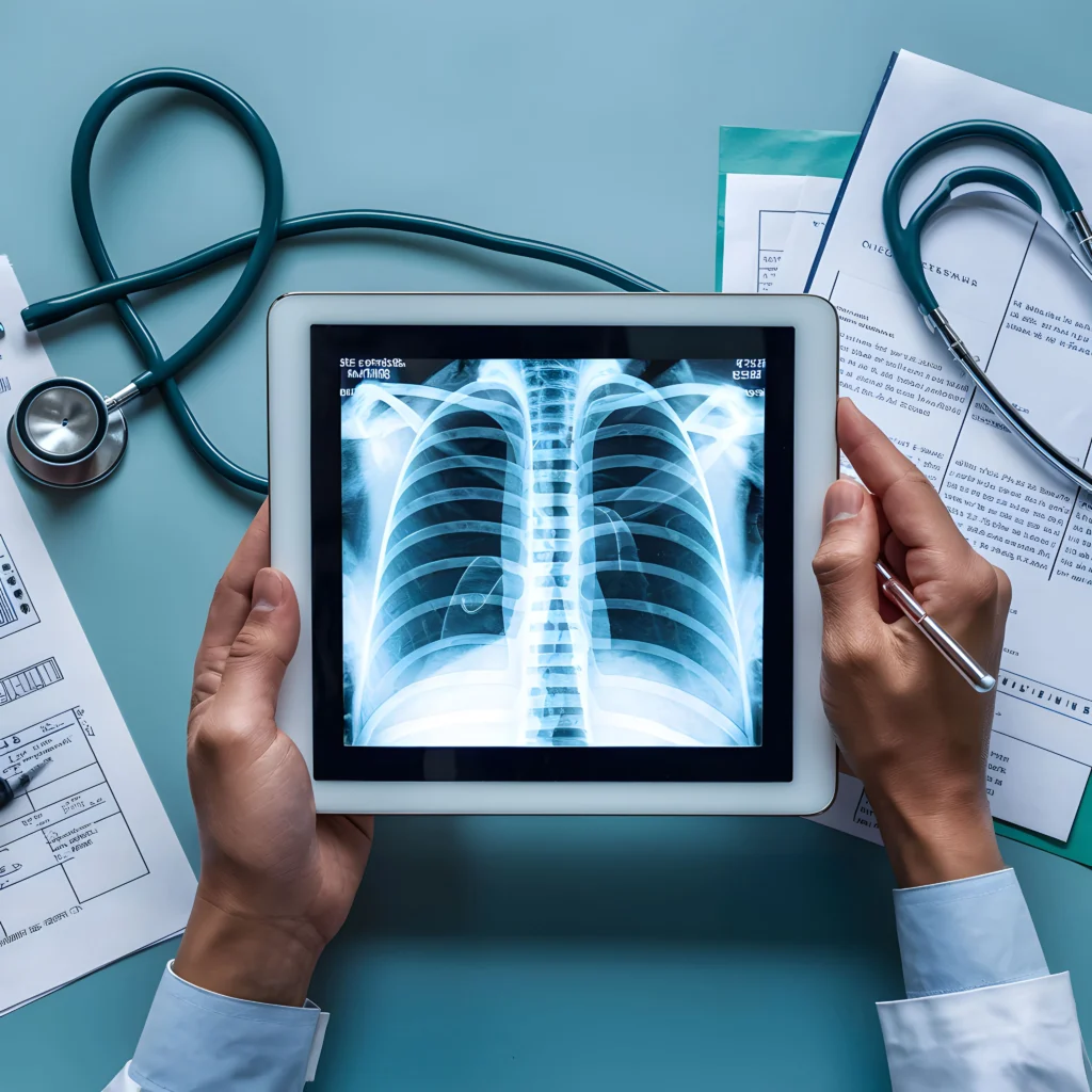 Stanowisko medyczne z tabletem cyfrowym pokazującym stetoskop rentgenowski i dokumenty