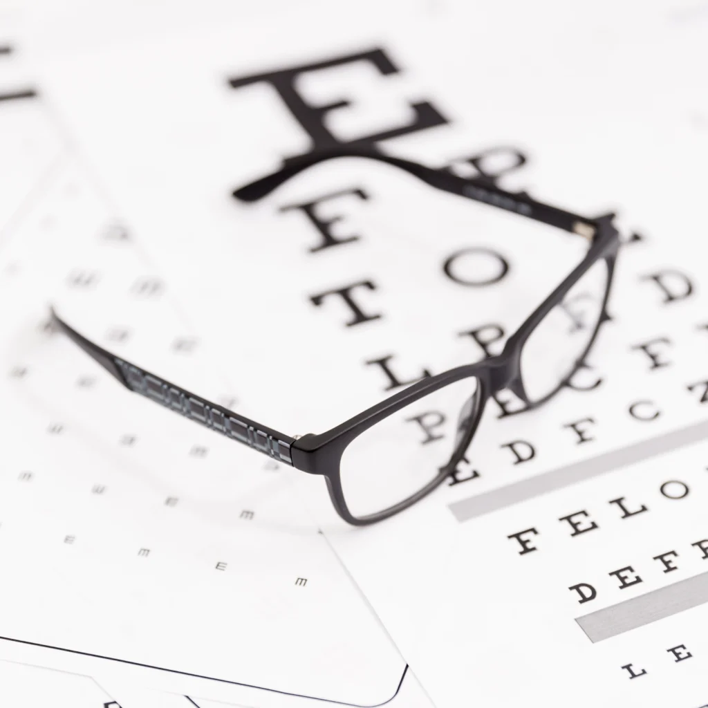 Okulary leżące na tablicy do badania wzroku z literami w różnych rozmiarach