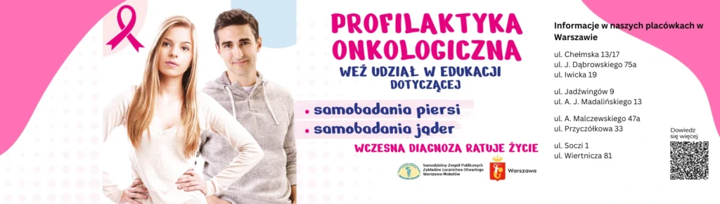 Grafika o profilaktyce onkologicznej i edukacji dotyczącej samobadania piersi oraz jąder